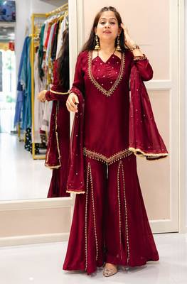 Wine silk blend embroidered palazzo set 2