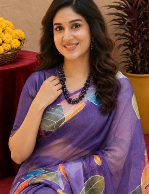  purple chanderi cotton blend printed 1 minute ready to wear saree with unstitched blouse piece 5