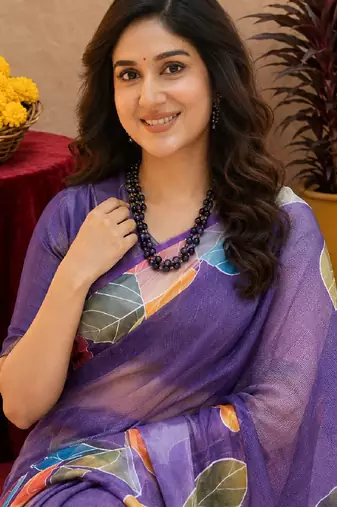  purple chanderi cotton blend printed 1 minute ready to wear saree with unstitched blouse piece