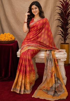  red yellow chanderi cotton blend printed  1 minute ready to wear saree with unstitched blouse piece 1