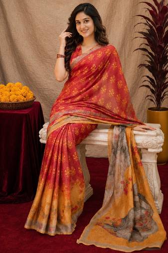  red yellow chanderi cotton blend printed  1 minute ready to wear saree with unstitched blouse piece
