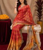  red yellow chanderi cotton blend printed  1 minute ready to wear saree with unstitched blouse piece