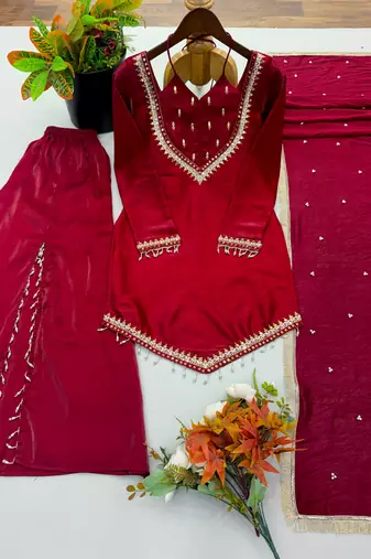 Wine silk blend embroidered palazzo set