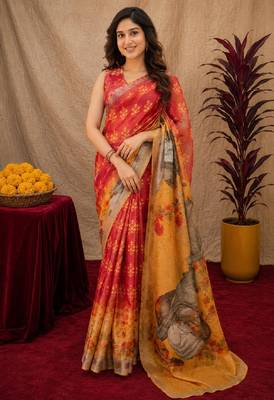  red yellow chanderi cotton blend printed  1 minute ready to wear saree with unstitched blouse piece 2