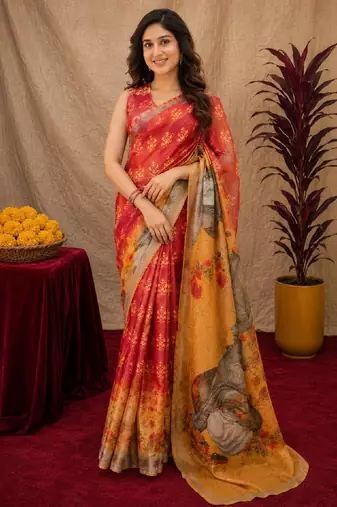  red yellow chanderi cotton blend printed  1 minute ready to wear saree with unstitched blouse piece