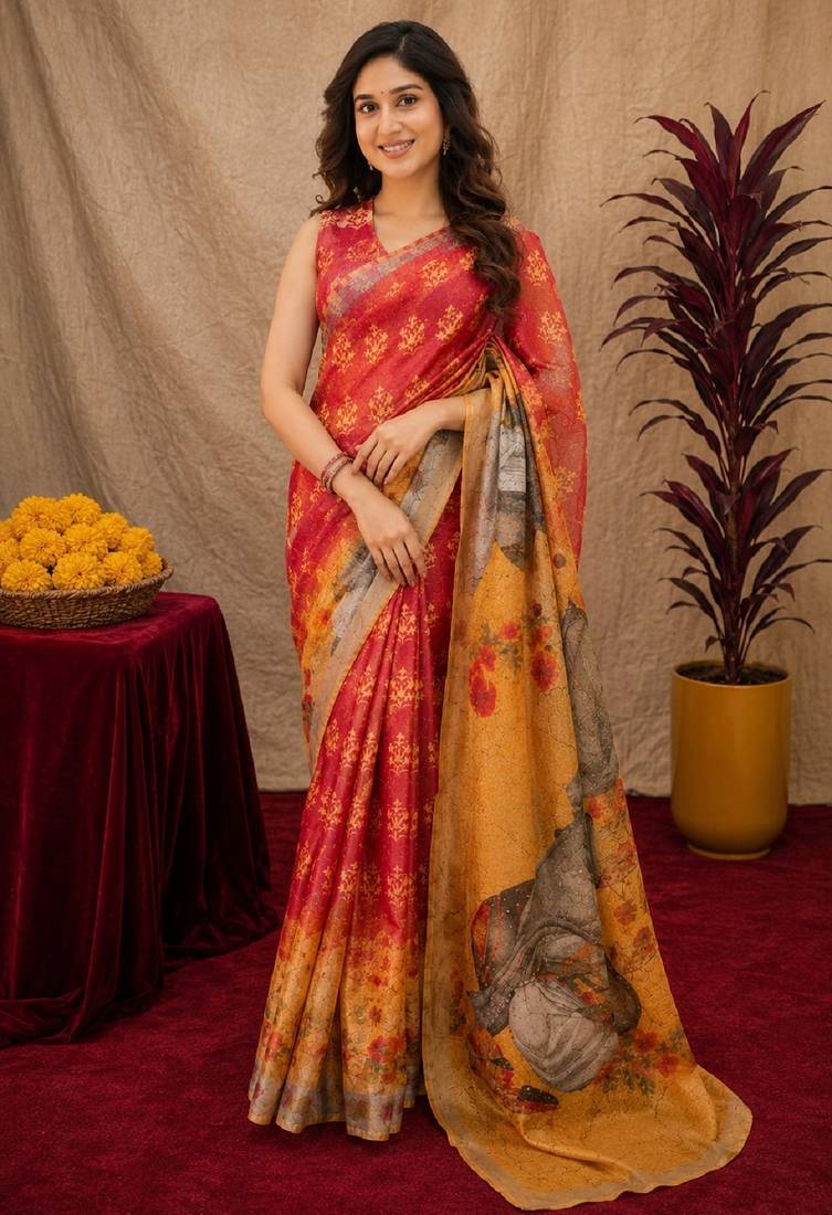  red yellow chanderi cotton blend printed  1 minute ready to wear saree with unstitched blouse piece
