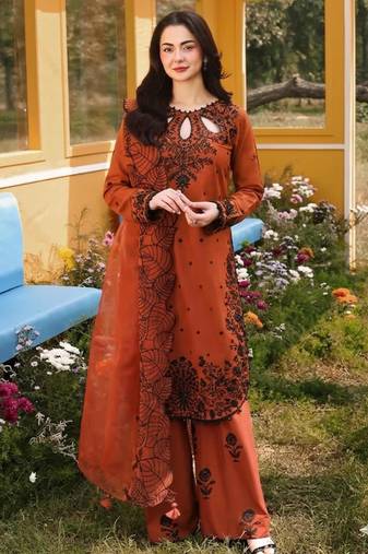 Dark-orange rayon embroidered palazzo set