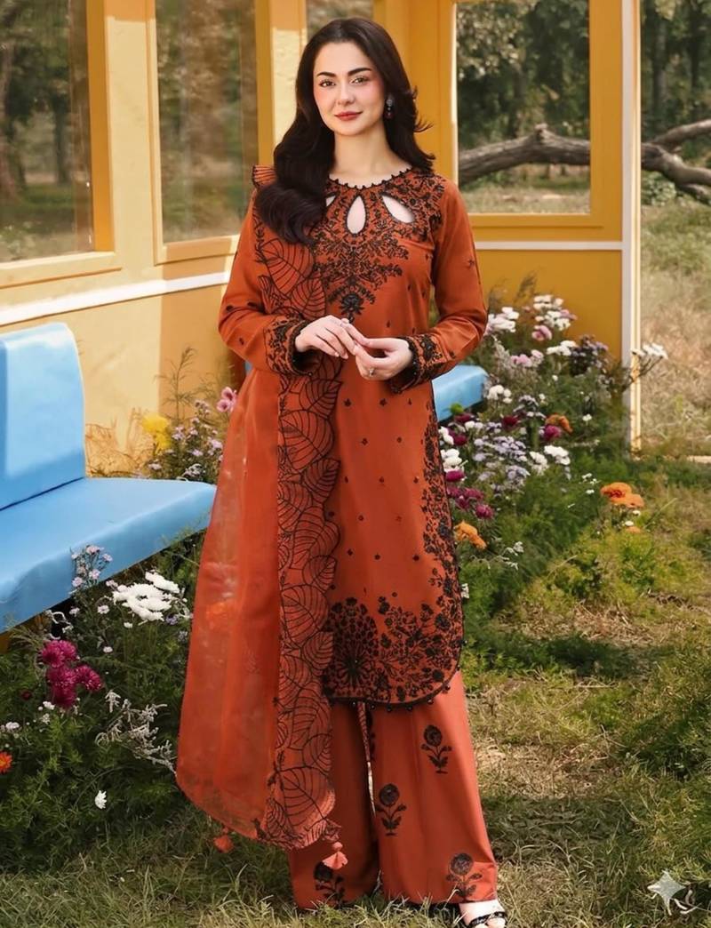 Dark-orange rayon embroidered palazzo set