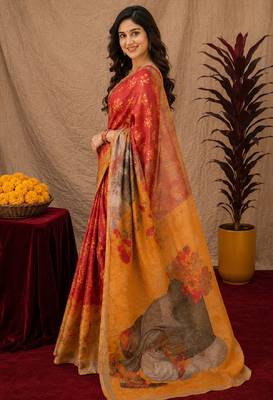  red yellow chanderi cotton blend printed  1 minute ready to wear saree with unstitched blouse piece 3