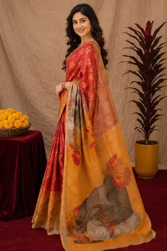  red yellow chanderi cotton blend printed  1 minute ready to wear saree with unstitched blouse piece