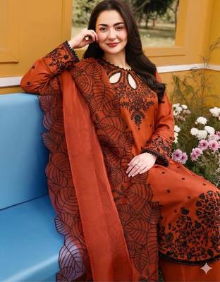 Dark-orange rayon embroidered palazzo set 2