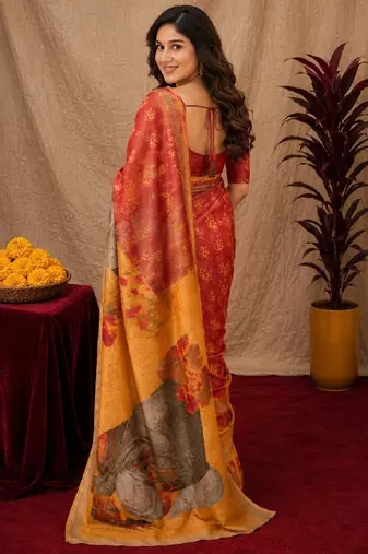 red yellow chanderi cotton blend printed  1 minute ready to wear saree with unstitched blouse piece