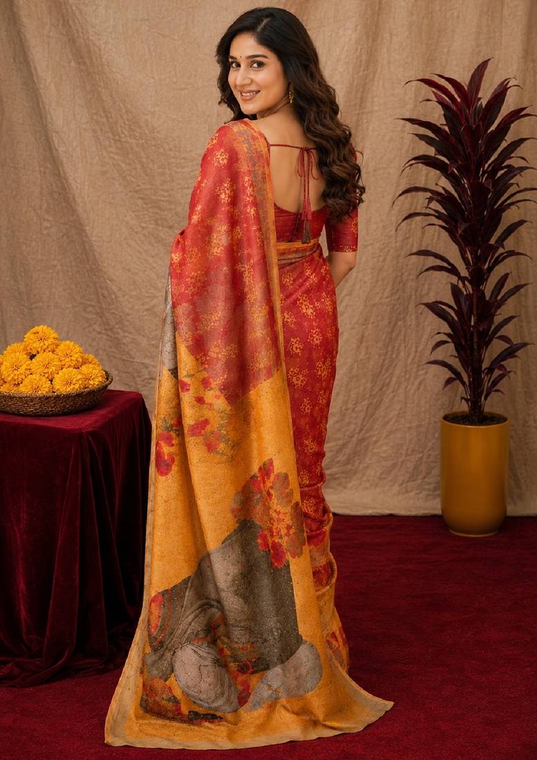  red yellow chanderi cotton blend printed  1 minute ready to wear saree with unstitched blouse piece