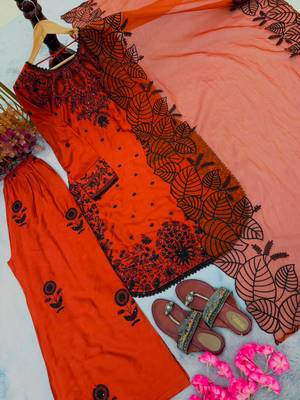 Dark-orange rayon embroidered palazzo set 3