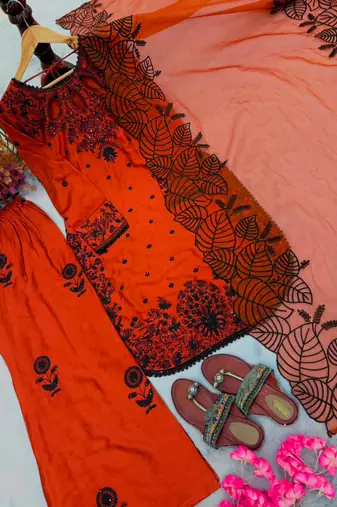 Dark-orange rayon embroidered palazzo set