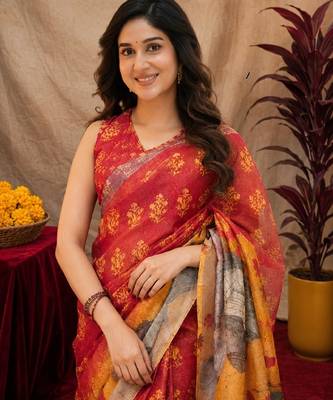  red yellow chanderi cotton blend printed  1 minute ready to wear saree with unstitched blouse piece 5