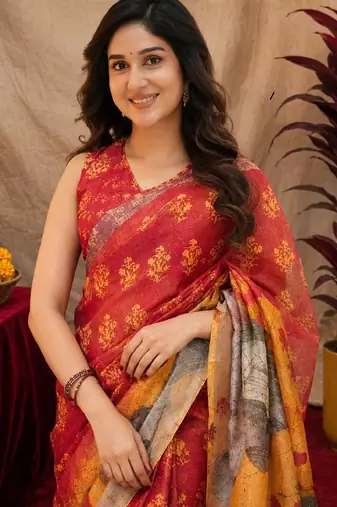  red yellow chanderi cotton blend printed  1 minute ready to wear saree with unstitched blouse piece