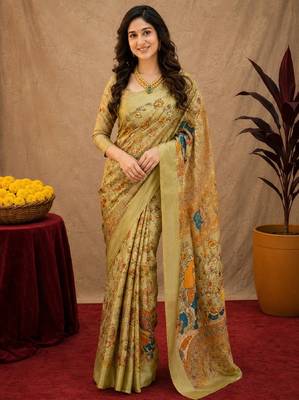  beige chanderi cotton blend printed  1 minute ready to wear saree with unstitched blouse piece 1