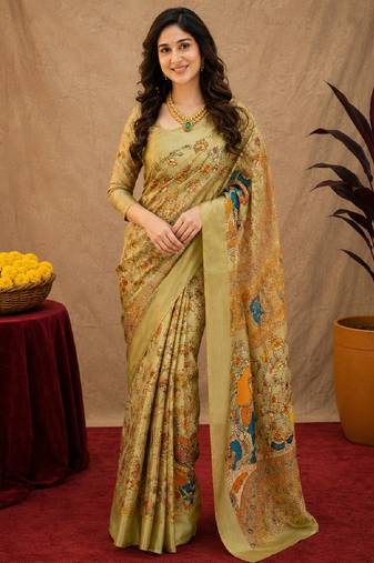  beige chanderi cotton blend printed  1 minute ready to wear saree with unstitched blouse piece