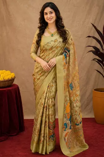  beige chanderi cotton blend printed  1 minute ready to wear saree with unstitched blouse piece