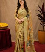  beige chanderi cotton blend printed  1 minute ready to wear saree with unstitched blouse piece