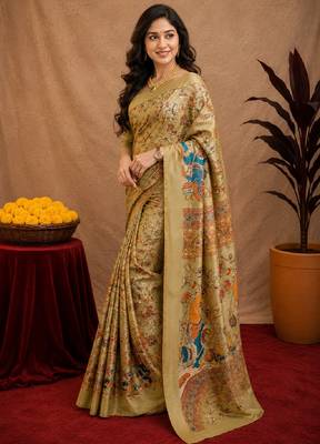  beige chanderi cotton blend printed  1 minute ready to wear saree with unstitched blouse piece 2