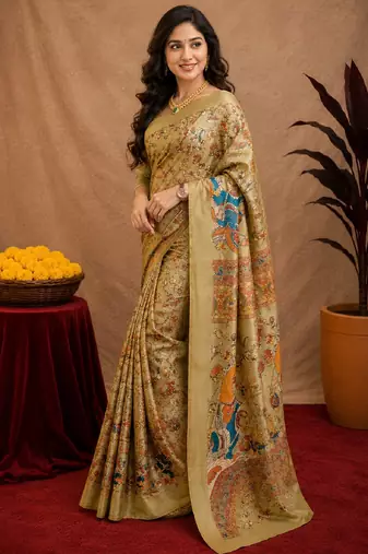  beige chanderi cotton blend printed  1 minute ready to wear saree with unstitched blouse piece