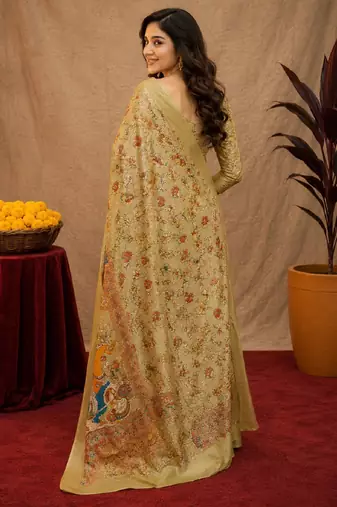  beige chanderi cotton blend printed  1 minute ready to wear saree with unstitched blouse piece