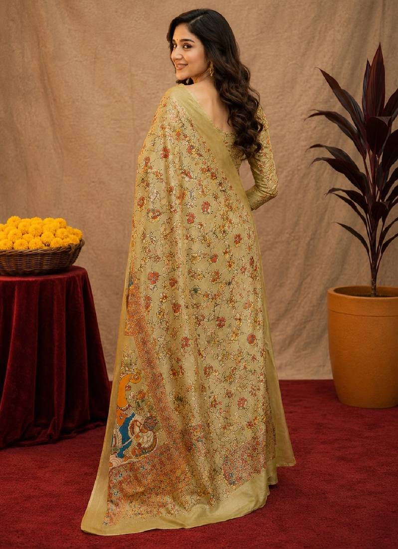  beige chanderi cotton blend printed  1 minute ready to wear saree with unstitched blouse piece