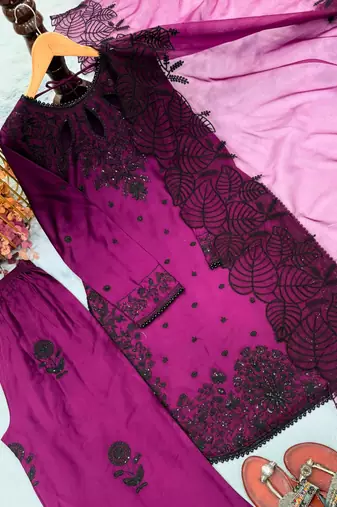 Wine rayon embroidered palazzo set