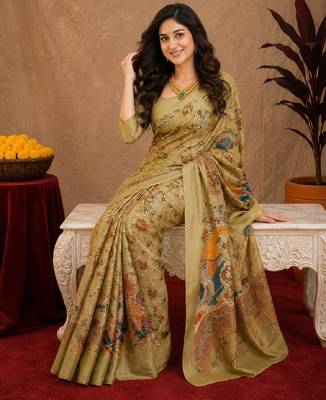  beige chanderi cotton blend printed  1 minute ready to wear saree with unstitched blouse piece 4