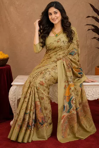  beige chanderi cotton blend printed  1 minute ready to wear saree with unstitched blouse piece