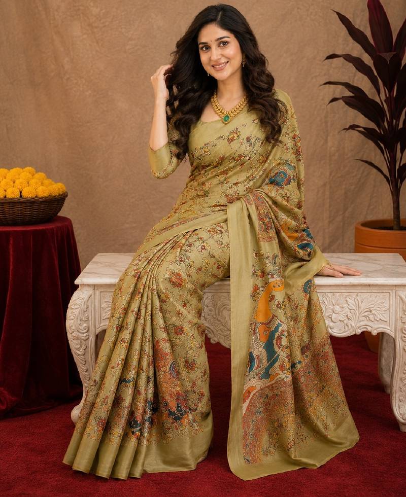  beige chanderi cotton blend printed  1 minute ready to wear saree with unstitched blouse piece