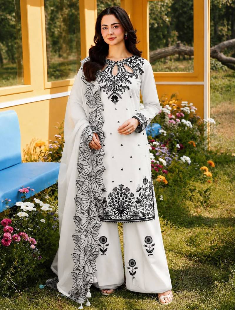 White rayon embroidered palazzo set