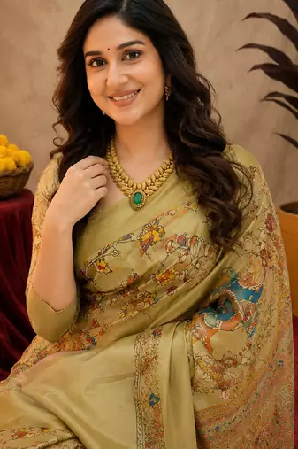  beige chanderi cotton blend printed  1 minute ready to wear saree with unstitched blouse piece