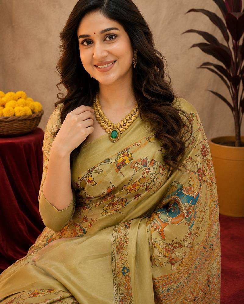  beige chanderi cotton blend printed  1 minute ready to wear saree with unstitched blouse piece