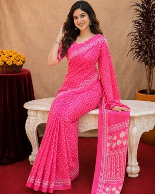  pink chanderi cotton blend printed work 1 minute ready to wear saree with unstitched blouse piece 1