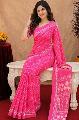  pink chanderi cotton blend printed work 1 minute ready to wear saree with unstitched blouse piece