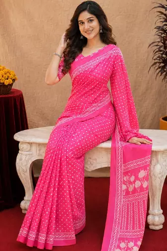  pink chanderi cotton blend printed work 1 minute ready to wear saree with unstitched blouse piece
