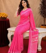  pink chanderi cotton blend printed work 1 minute ready to wear saree with unstitched blouse piece