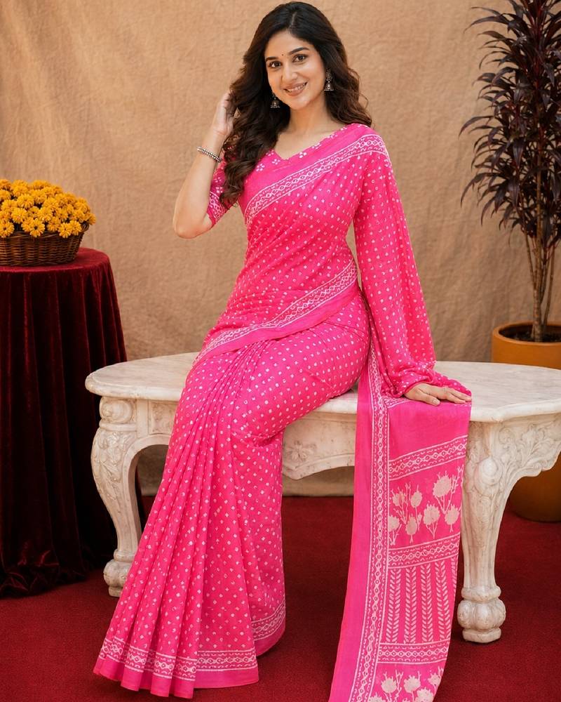  pink chanderi cotton blend printed work 1 minute ready to wear saree with unstitched blouse piece