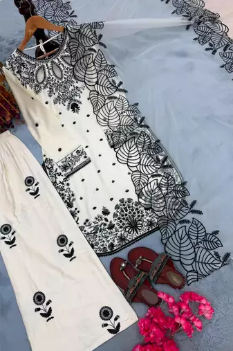 White rayon embroidered palazzo set