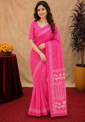  pink chanderi cotton blend printed work 1 minute ready to wear saree with unstitched blouse piece 2