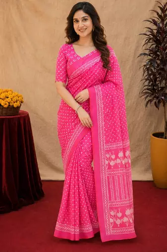  pink chanderi cotton blend printed work 1 minute ready to wear saree with unstitched blouse piece