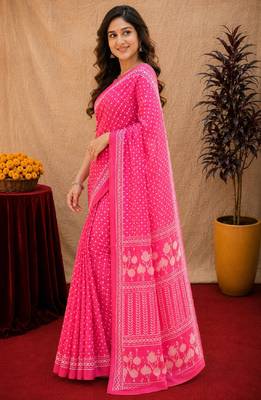  pink chanderi cotton blend printed work 1 minute ready to wear saree with unstitched blouse piece 3