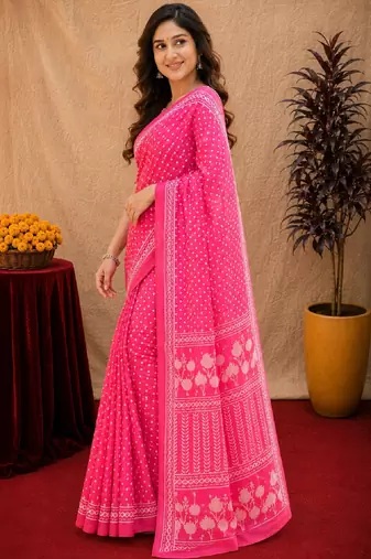  pink chanderi cotton blend printed work 1 minute ready to wear saree with unstitched blouse piece