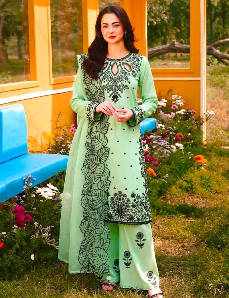Light-green rayon embroidered palazzo set