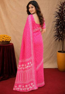  pink chanderi cotton blend printed work 1 minute ready to wear saree with unstitched blouse piece 4
