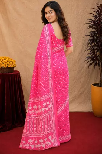  pink chanderi cotton blend printed work 1 minute ready to wear saree with unstitched blouse piece