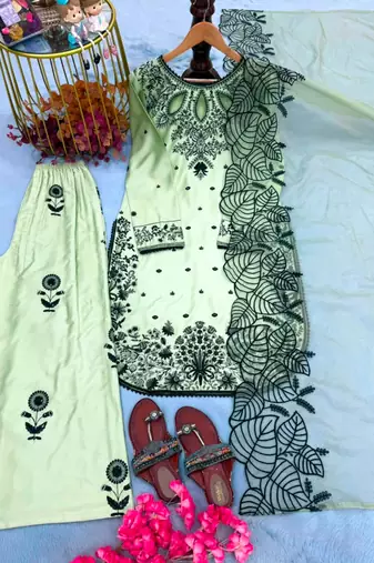 Light-green rayon embroidered palazzo set